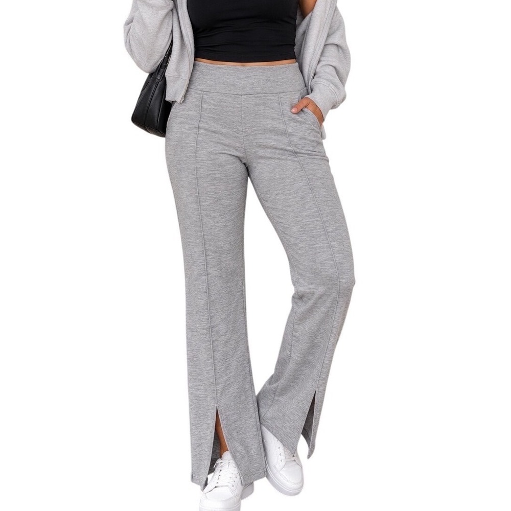 Yogalicious Womens XL Heather Gray Pintuck Front Slit Flare Leg Pants High Rise